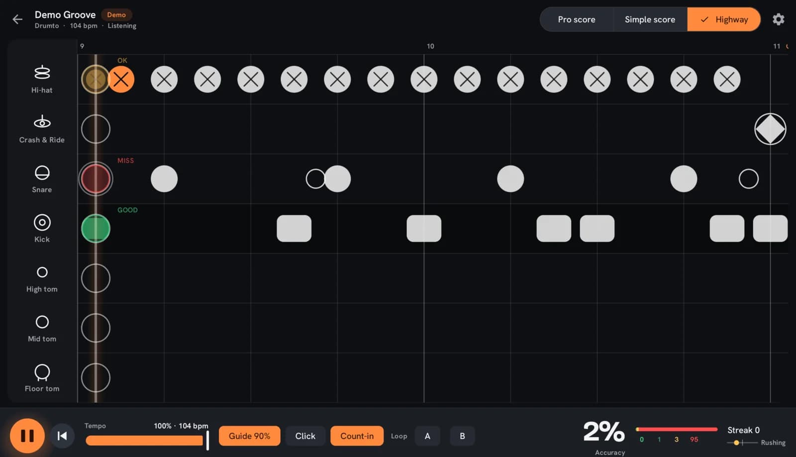 Highway view of the Drumto practice screen on an Android tablet