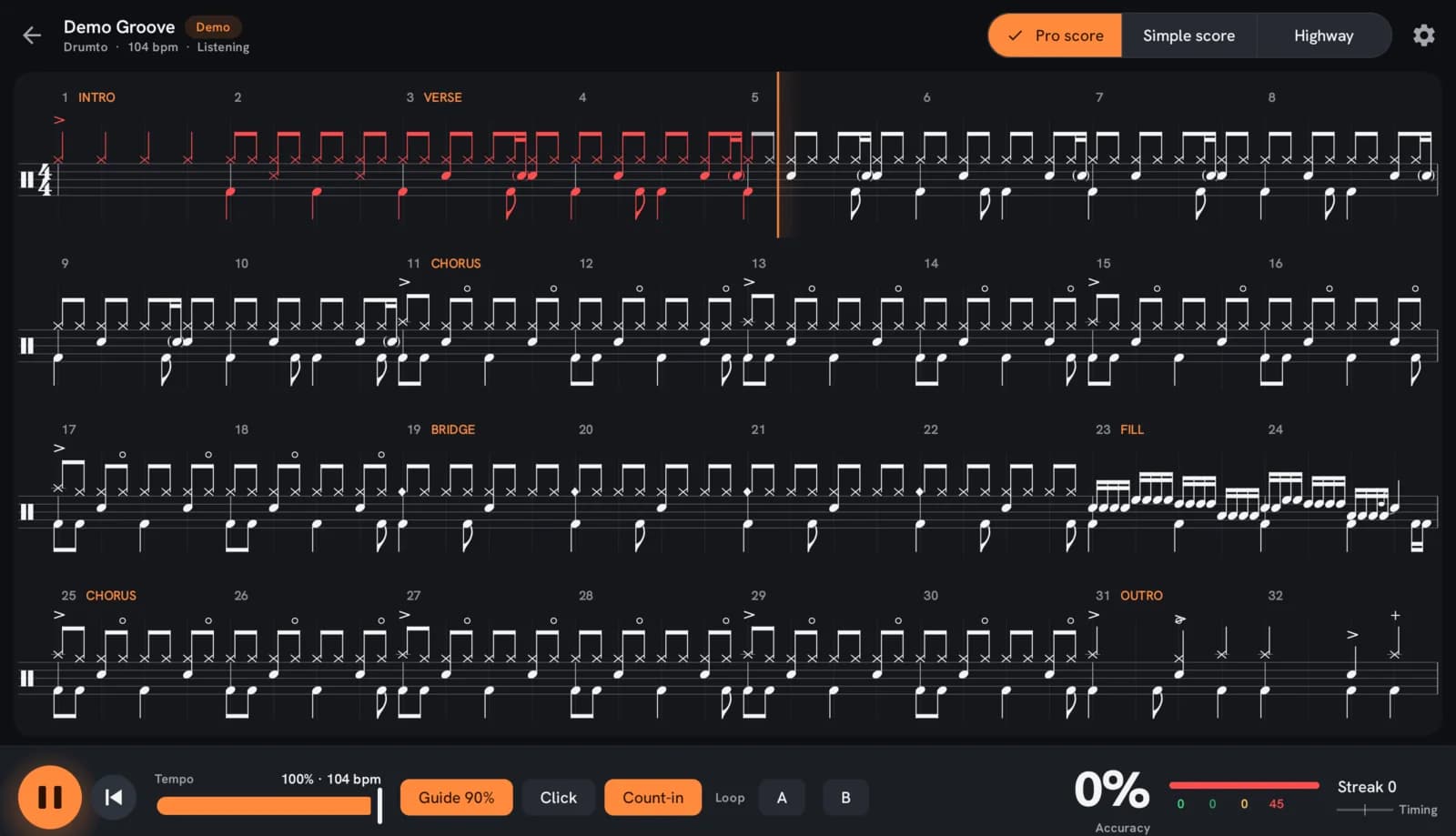 Pro score view of the Drumto practice screen on an Android tablet