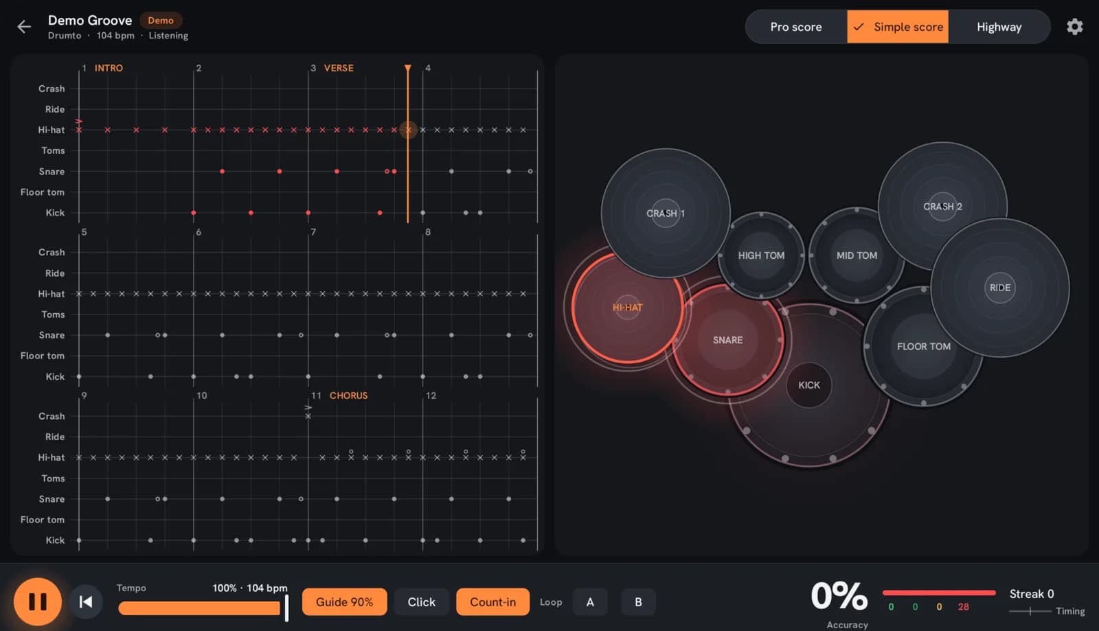 Simple score view of the Drumto practice screen on an Android tablet